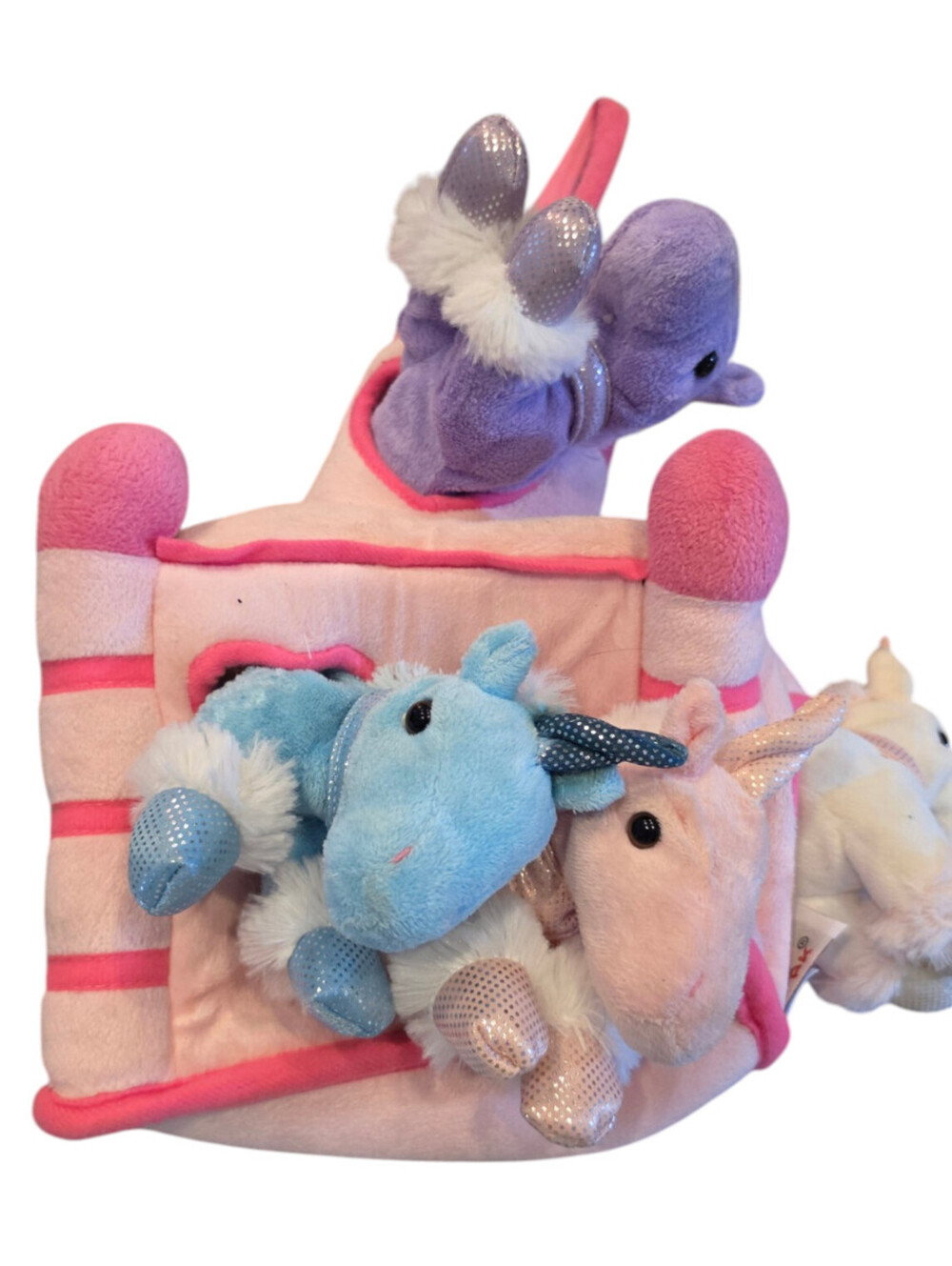 UNIPAK 12” Plush Unicorn Castle with 4 Stuffed Animal Unicorns Pink Castle